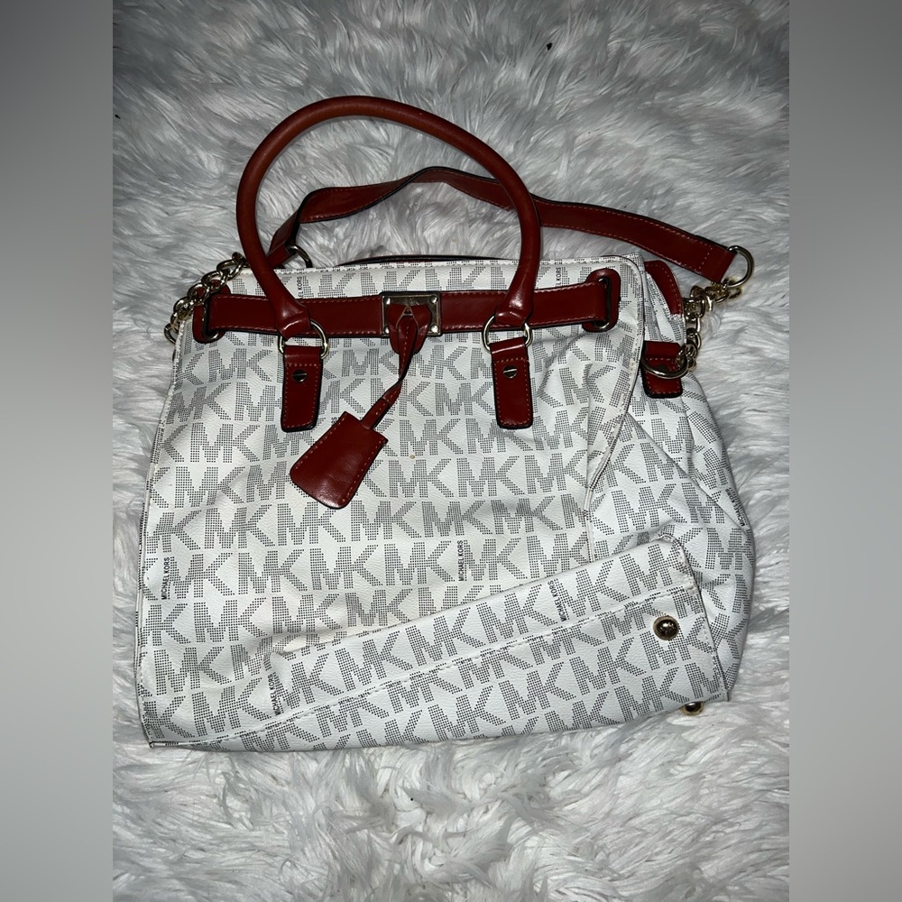 michael kors hamilton signature pvc/leather trim tote bag w/o lock - white